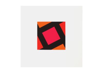 Pink diamond centred inside a black-bordered rotated square; orange and red triangles at corners on plain white background.