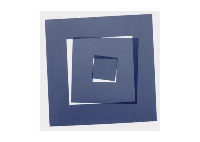 Three overlapping squares in transparent cobalt blue, each angled, arranged on a white background.