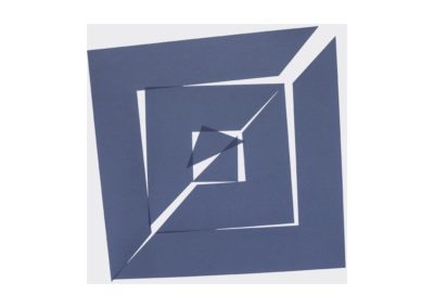 Three concentric blue squares, each slightly rotated and cut, on a white background in an abstract layered pattern.