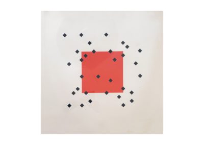Red square on white background; small black diamonds dispersed inside and near the square in irregular arrangement.